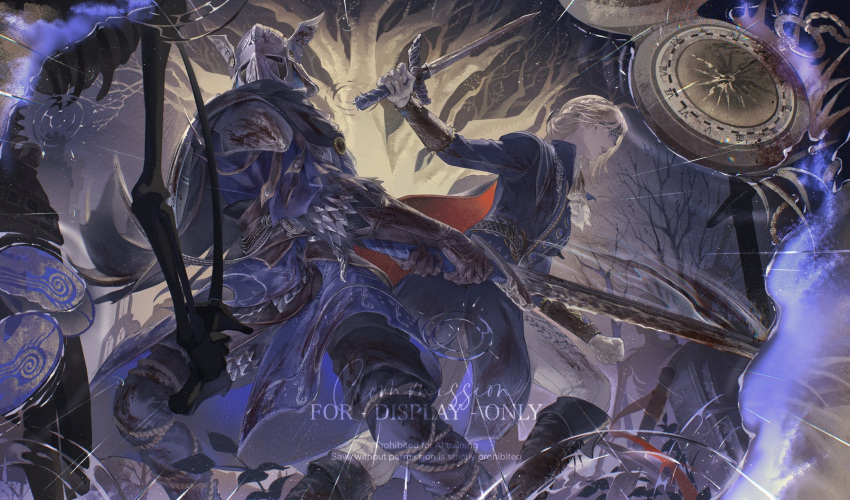 1boy, 1girl, arm_up, armor, ascot, bare_tree, belt, black_boots, black_capelet, black_pants, blonde_hair, blood, blood_on_clothes, blood_on_weapon, blue_jacket, blue_tunic, boots, braid, brother_and_sister, brown_gloves, capelet, covered_eyes, dagger, duchess_(elden_ring), elden_ring, elden_ring_nightreign, english_text, eye_mask, gloves, greatsword, helmet, highres, holding, holding_dagger, holding_knife, holding_sword, holding_weapon, jacket, knife, kwiaty_k, pants, scale_armor, shoulder_armor, siblings, skeleton, sword, tree, tunic, weapon, white_ascot, white_gloves, white_pants, winged_helmet, wylder_(elden_ring)