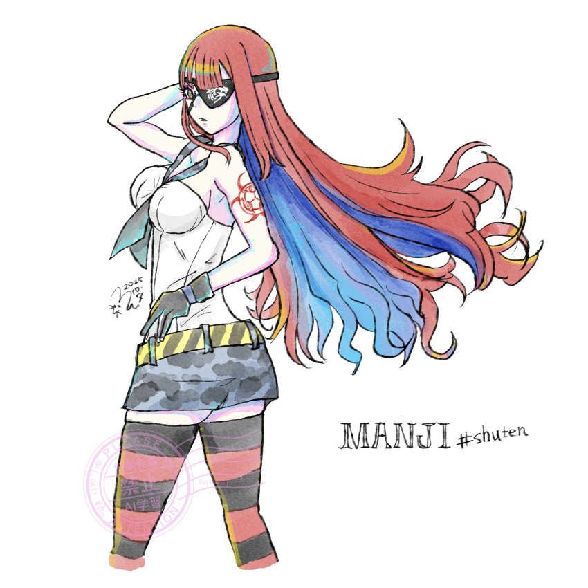 1girl, absurdres, arm_tattoo, biohazard_symbol, black_gloves, breasts, bright_pupils, eyepatch