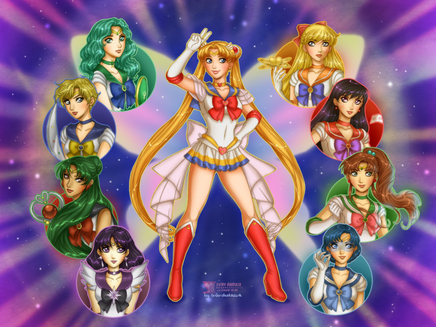 6+girls, aino_minako, aqua_choker, aqua_eyes, aqua_hair, aqua_sailor_collar, arm_at_side, arm_up