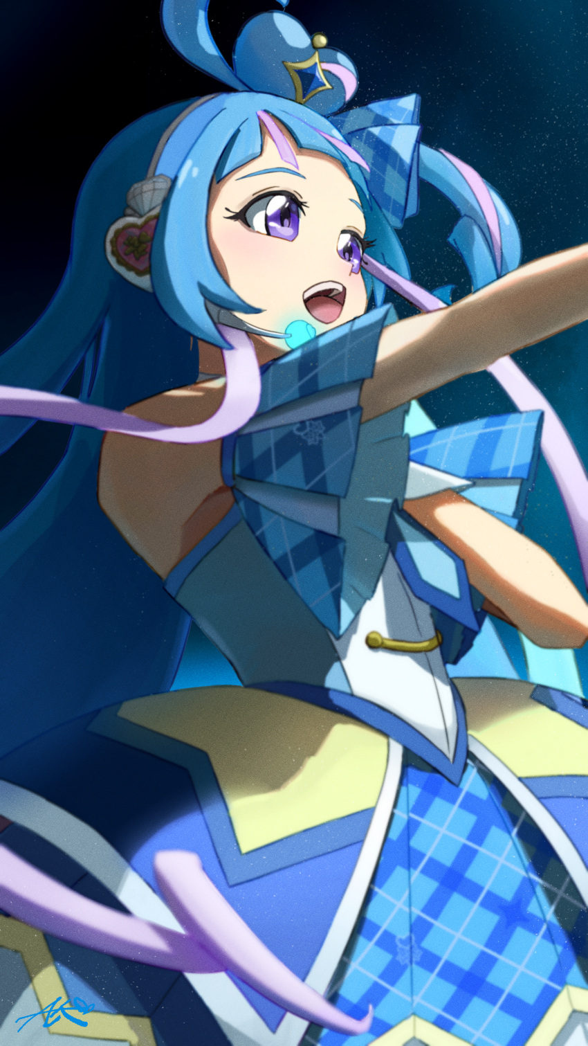 1girl, a_creaty_t, absurdres, aokaze_nana, arched_bangs, bare_shoulders, blue_bridal_gauntlets, blue_dress, blue_hair, blue_theme, bridal_gauntlets, choker, cure_wink, detached_sleeves, dress, from_below, from_side, hair_bun, hair_extensions, hand_on_own_chest, headset, heart, heart-shaped_hair, heart_hair_bun, highres, idol, idol_clothes, kimi_to_idol_precure, long_hair, music, open_mouth, outstretched_arm, plaid_armband, plaid_clothes, plaid_ribbon, plaid_sleeves, precure, purple_streaks, ribbon, ribbon_choker, singing, solo, teeth, upper_teeth_only, very_long_hair, violet_eyes