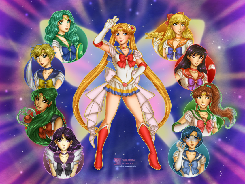6+girls, aino_minako, aqua_choker, aqua_eyes, aqua_hair, aqua_sailor_collar, arm_at_side, arm_up