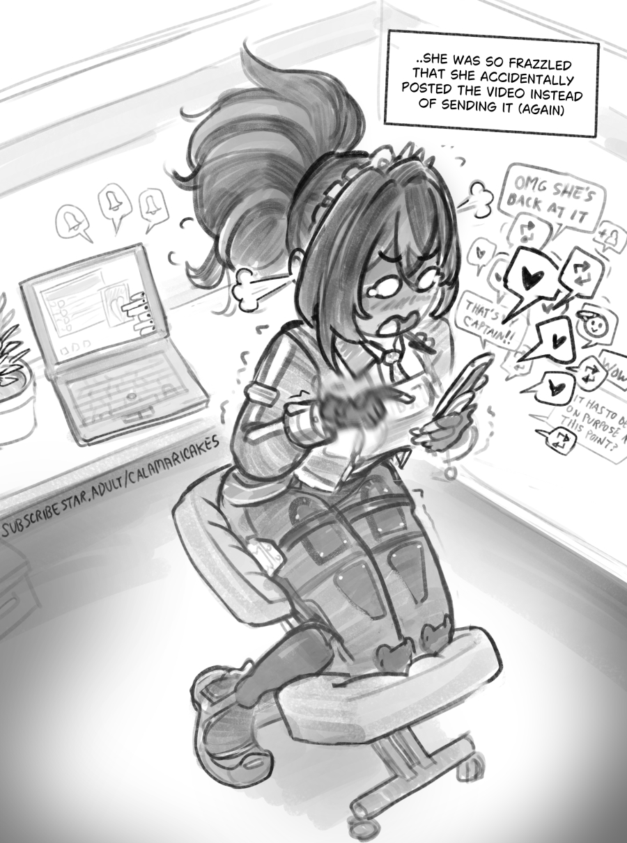 black_hair, blank_eyes, blush, calamari_cakes, computer, embarrassed, english_text, full-face_blush, greyscale, highres, laptop, meme, monochrome, multicolored_hair, open_mouth, phone, police, police_uniform, policewoman, ponytail, reading, sitting, speech_bubble, tears, zenless_zone_zero, zhu_yuan