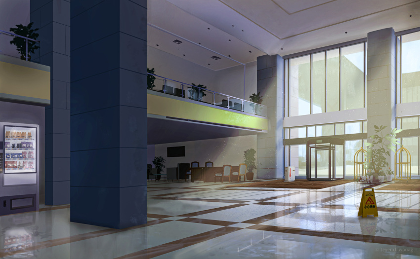 artist_name, day, highres, indoors, jeyem_liwanag, jujutsu_kaisen, lobby, no_humans, plant, potted_plant, vending_machine, wet_floor_sign