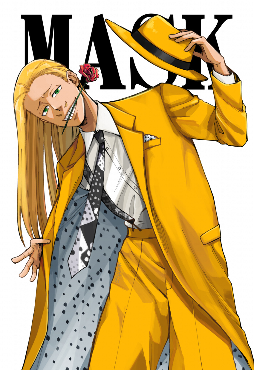 1boy, baggy_pants, blonde_hair, boku_no_hero_academia, coat, collared_shirt, commentary_request, copyright_name, cosplay, flower, flower_in_mouth, green_eyes, grid_teeth, highres, kafuyutns, long_hair, male_focus, mouth_hold, necktie, pants, present_mic, red_flower, red_rose, rose, shirt, solo, suspenders, the_mask, the_mask_(character), the_mask_(character)_(cosplay), white_background, white_shirt, yellow_coat, yellow_pants