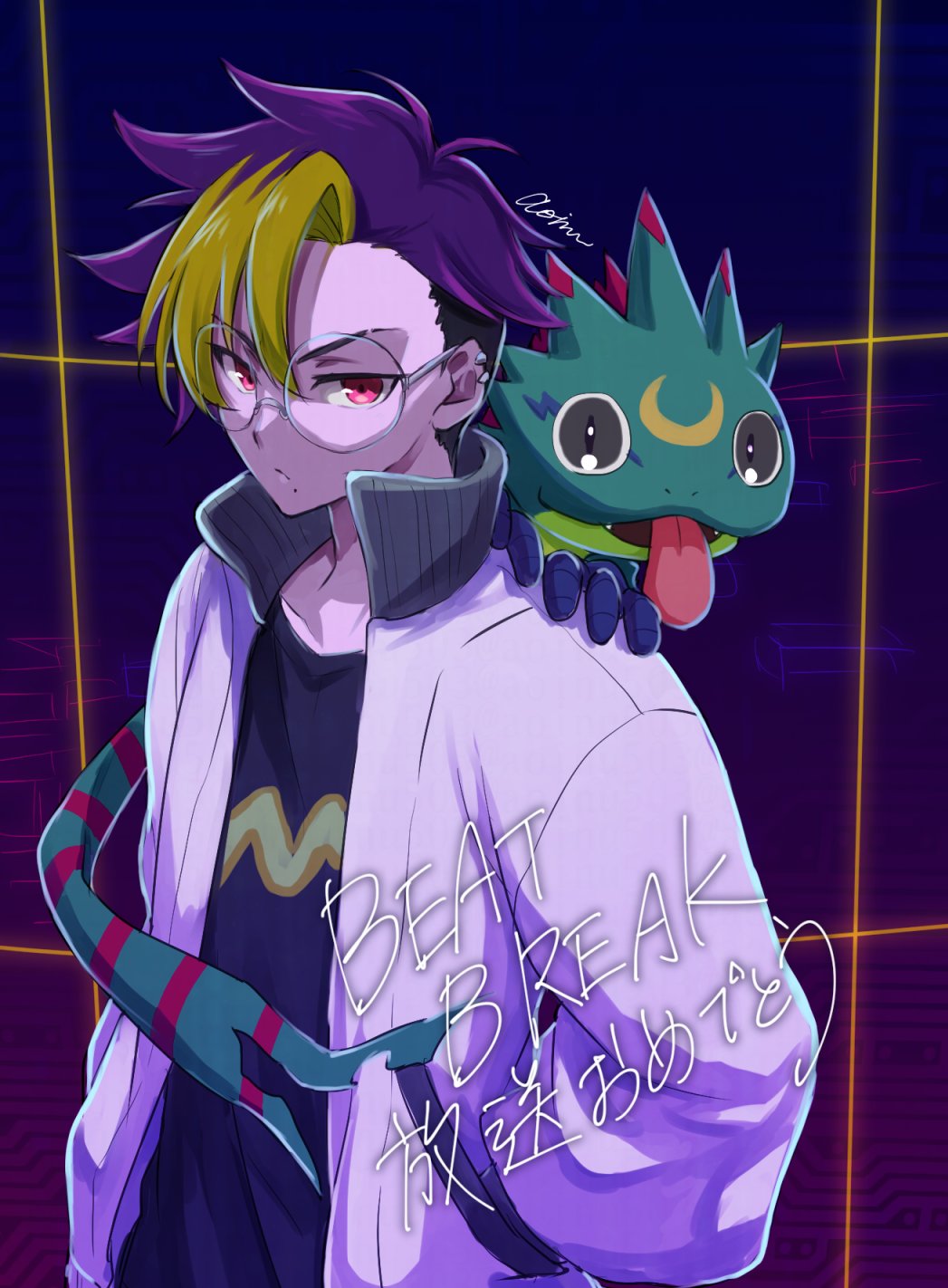1boy, animal_on_shoulder, aoinu_(shuumatsugeki), black_shirt, blonde_hair, blue_hair, copyright_name, crescent, digimon, digimon_(creature), digimon_beatbreak, gecko, gekkomon, glasses, hand_in_pocket, highres, jacket, long_hair, male_focus, multicolored_hair, purple_background, red_eyes, release_celebration, round_eyewear, shirt, short_hair, tenma_tomoro, tongue, tongue_out, two-tone_hair, white_jacket