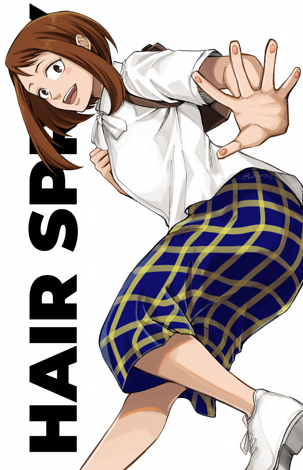1girl, backpack, bag, boku_no_hero_academia, brown_eyes, brown_hair, copyright_name, cosplay
