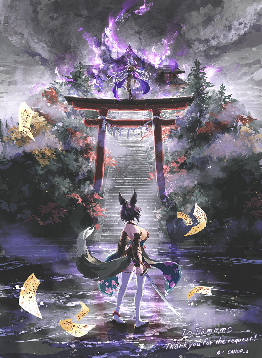 2girls, absurdres, animal_ears, bare_shoulders, beads, black_hair, black_tail, breasts