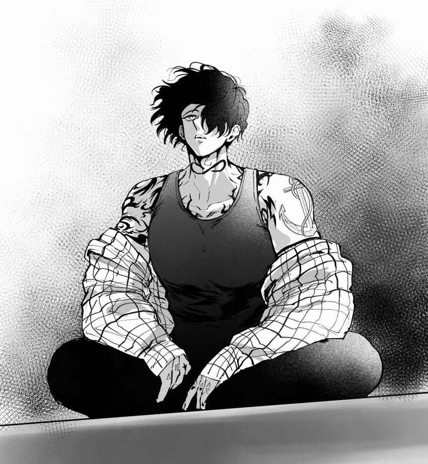 anchor_tattoo, arm_tattoo, black_hair, black_pants, black_tank_top, chest_tattoo, collarbone, curly_hair, greyscale, highres, infinity_symbol, long_hair, looking_up, male_focus, monochrome, muscular, muscular_male, neck_tattoo, negima_(187rhrh), number_tattoo, one_eye_covered, pants, pectorals, roman_numeral, shirt, shoulder_tattoo, simple_background, slit_pupils, squatting, striped_clothes, striped_shirt, tank_top, tattoo, wind_breaker_(nii_satoru), yamato_endo