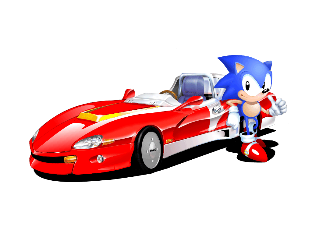 1boy, black_eyes, blue_fur, car, convertible, furry, furry_male, gloves, hedgehog, male_focus, motor_vehicle, official_art, official_wallpaper, race_vehicle, racecar, red_car, red_shoes, shadow, shoes, simple_background, solo, sonic_(series), sonic_the_hedgehog, sonic_the_screen_saver, standing, thumbs_up, white_background, white_gloves