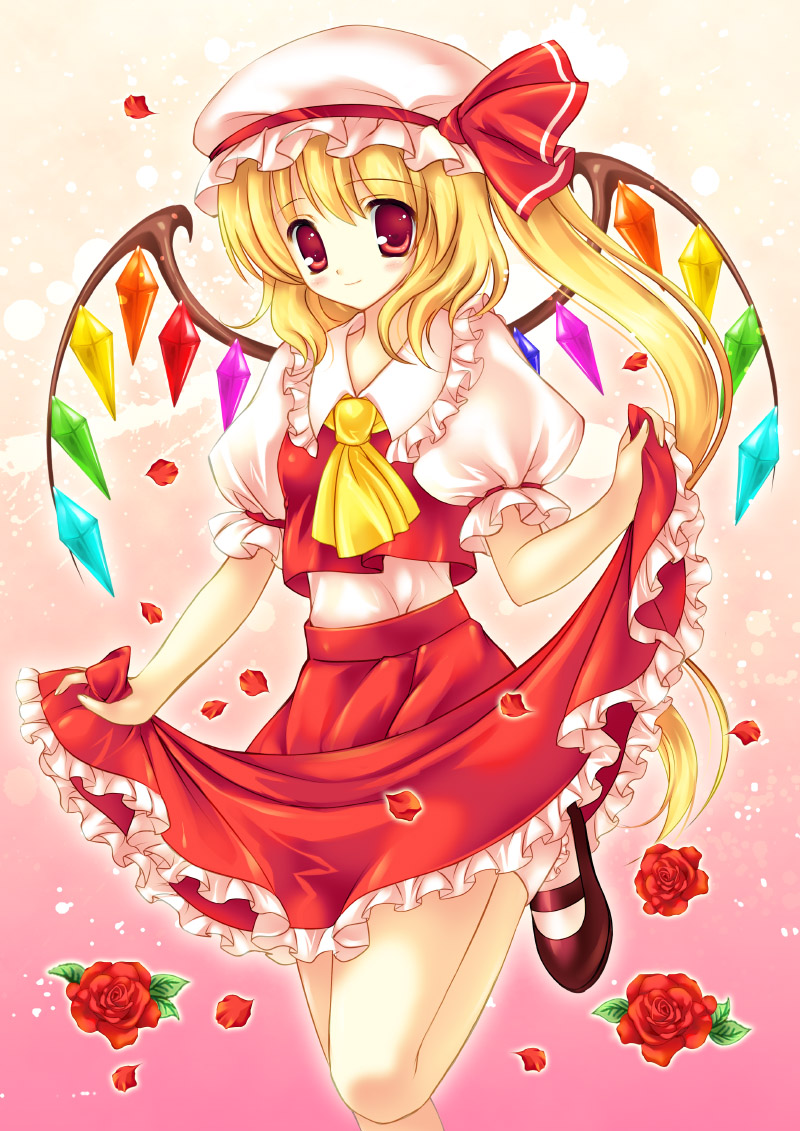 ascot, blonde_hair, blush, flandre_scarlet, flower, fukase_ayaka, hat, red_eyes