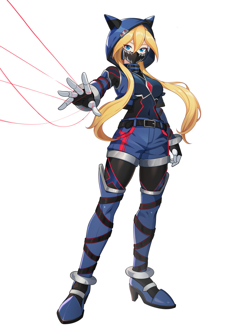 1girl, absurdres, adapted_costume, alternate_costume, alternate_hairstyle, armored_boots, armored_gloves, belt, biometal, blonde_hair, blue_eyes, body_armor, bodystocking, boots, breasts, cat_headgear, chest_jewel, ciel_(mega_man), commission, commissioner_upload, covered_navel, cropped_jacket, effole_(fairy_fencer_f), elbow_gloves, eyelashes, full_body, gloves, hair_bun, high_heel_boots, high_heels, highres, hood, hood_up, knee_boots, long_bangs, long_hair, long_sidelocks, looking_at_viewer, mask, mega_man_(series), mega_man_zero_(series), mega_man_zx, mouth_mask, multiple_belts, non-web_source, petite, sidelocks, small_breasts, solo, thighs, transparent_background, uta_guipiy, wire