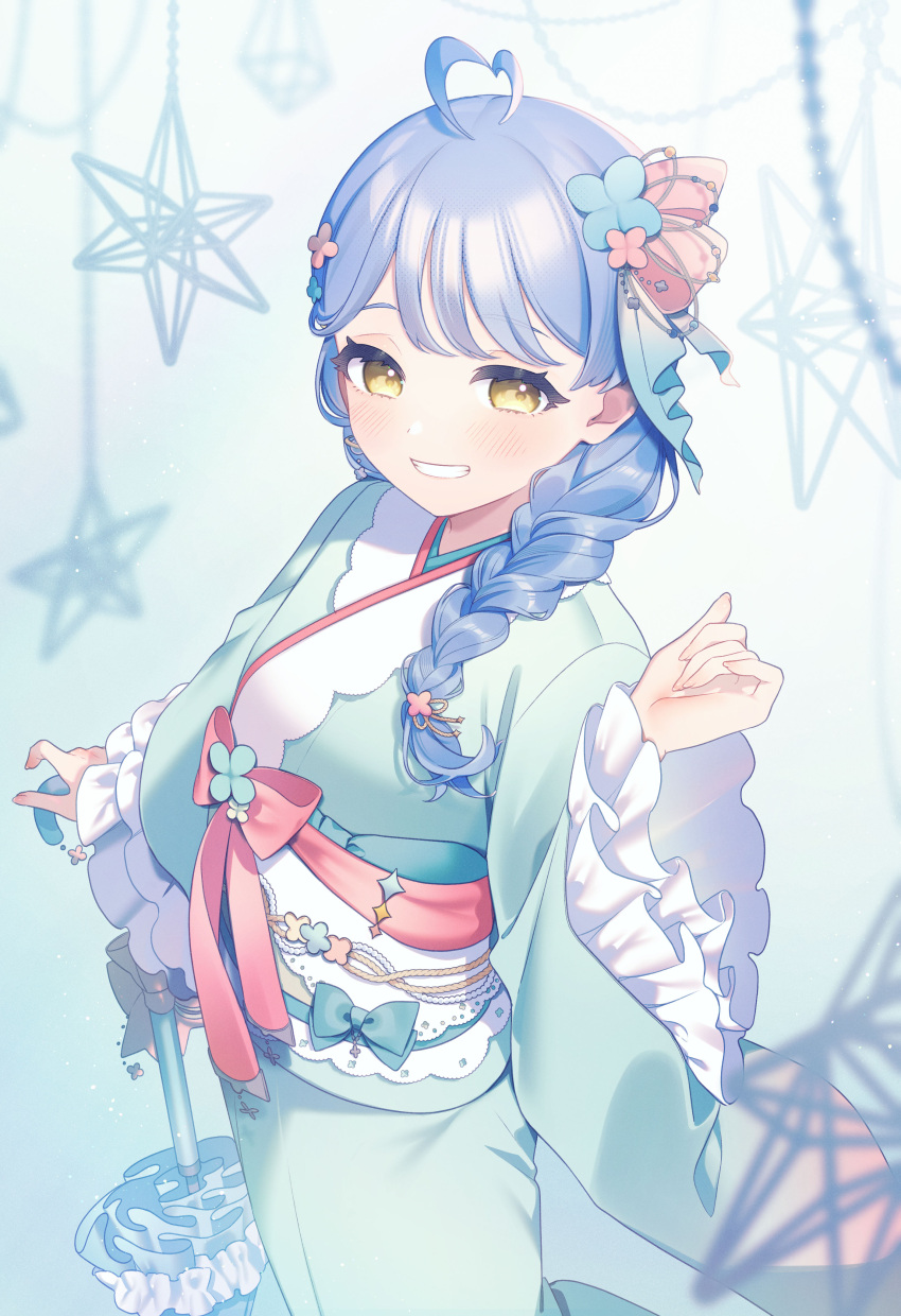 1girl, absurdres, ahoge, blue_hair, blue_kimono, blue_umbrella, braid, commentary