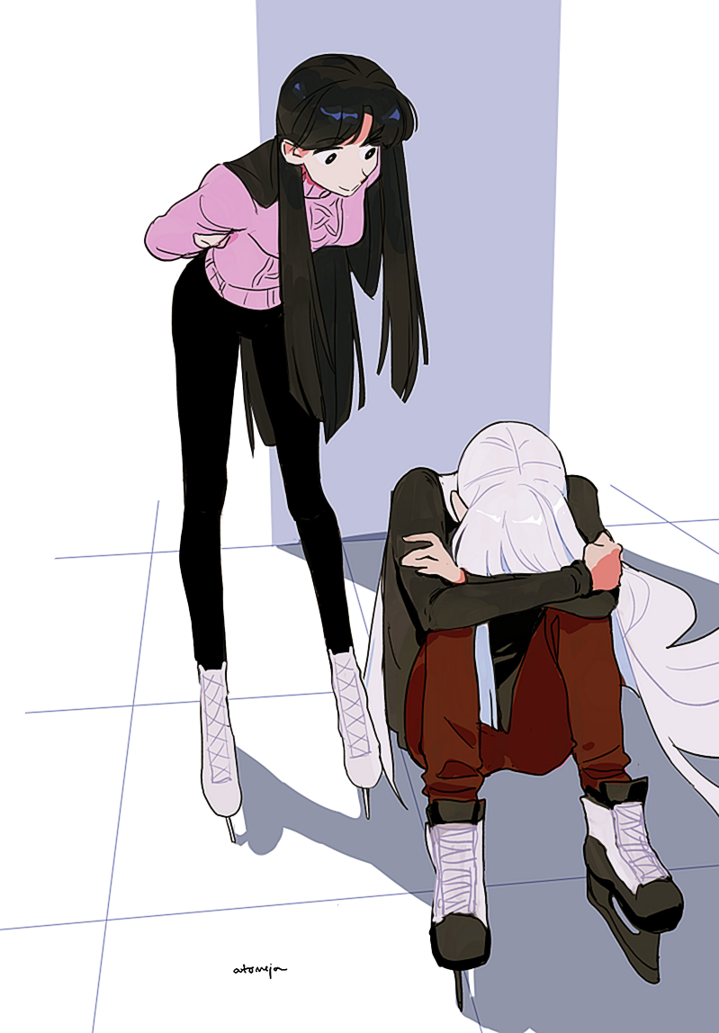 2girls, alternate_costume, artist_name, ashenblue, black_hair, black_pants, black_shirt, commentary, english_commentary, fujiwara_no_mokou, houraisan_kaguya, ice_skates, long_hair, looking_at_another, multiple_girls, on_floor, pants, pink_sweater, red_pants, shirt, sitting, skates, standing, sweater, tile_floor, tiles, touhou, white_hair