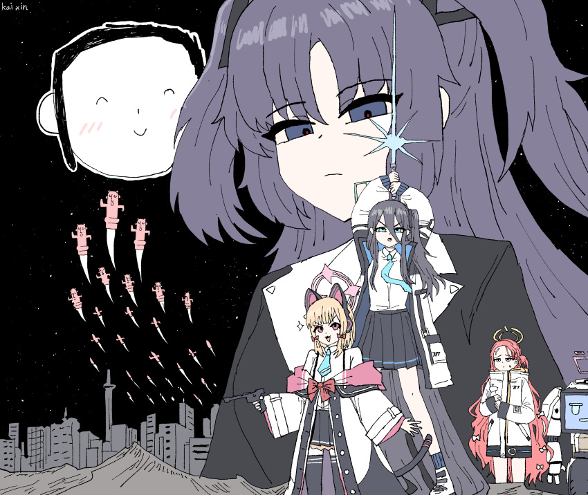 1boy, 4girls, absurdly_long_hair, absurdres, animal_ear_headphones, animal_ears, aqua_halo, aris_(blue_archive)