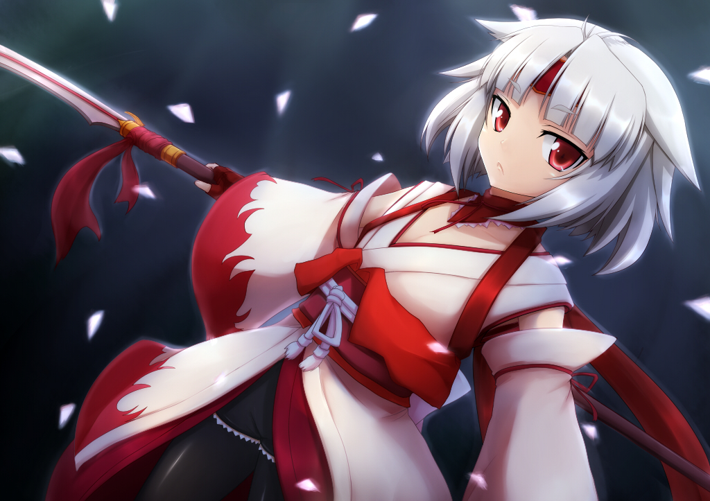 japanese_clothes, negija, original, pantyhose, red_eyes, short_hair, solo, weapon