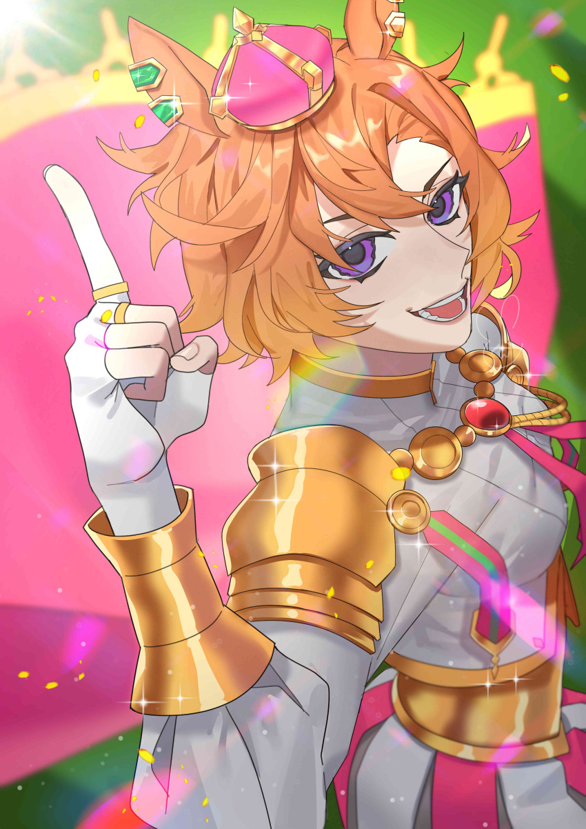 1girl, absurdres, animal_ears, armor, breasts, cape, corset, crown, ear_ornament, ear_piercing, gloves, hair_between_eyes, hand_up, highres, horse_ears, horse_girl, jewelry, long_sleeves, looking_at_viewer, mini_crown, mu_(qquwee), multiple_rings, open_mouth, orange_hair, piercing, pink_cape, pink_crown, pink_skirt, ring, shirt, short_hair, shoulder_armor, skirt, smile, solo, t.m._opera_o_(o_sole_suo!)_(umamusume), t.m._opera_o_(umamusume), teeth, two-tone_skirt, umamusume, violet_eyes, white_shirt, white_skirt
