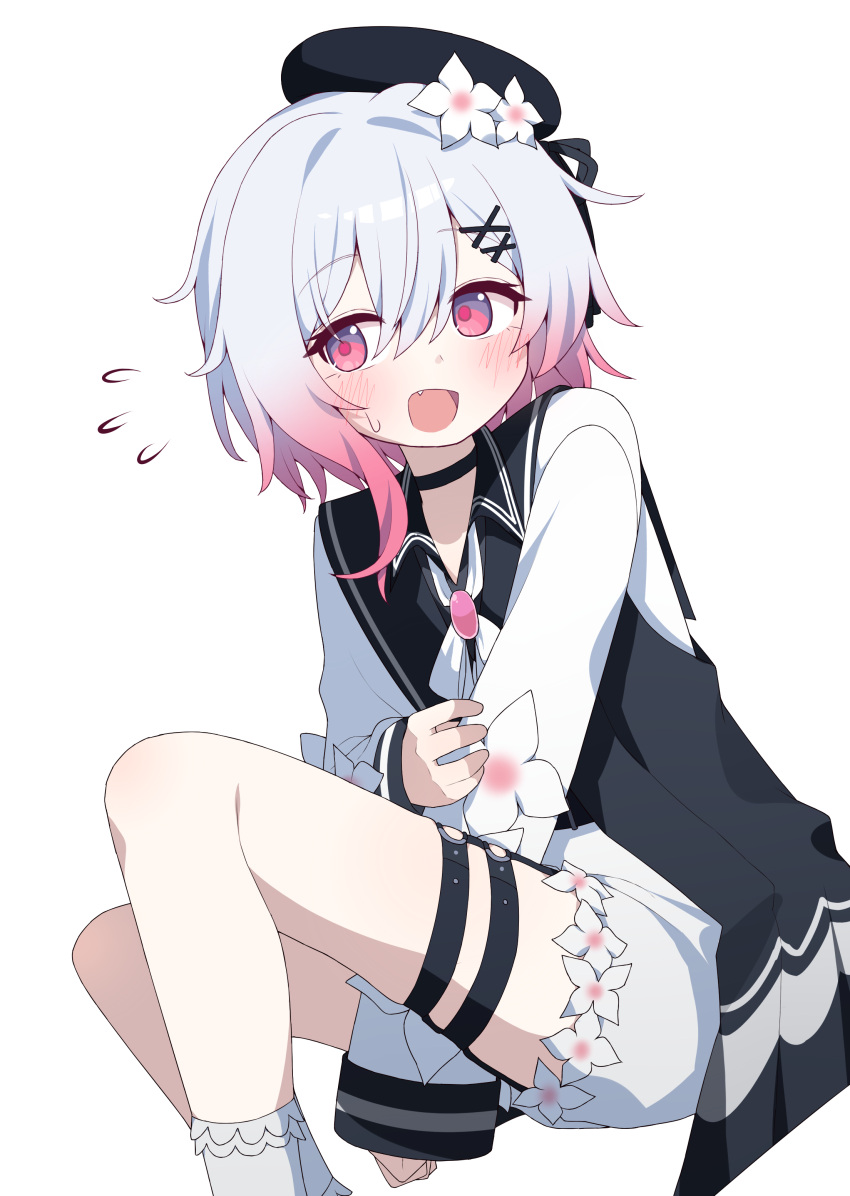 1girl, absurdres, black_hat, blush, cross_ornament, flower, gradient_hair, hagoonha