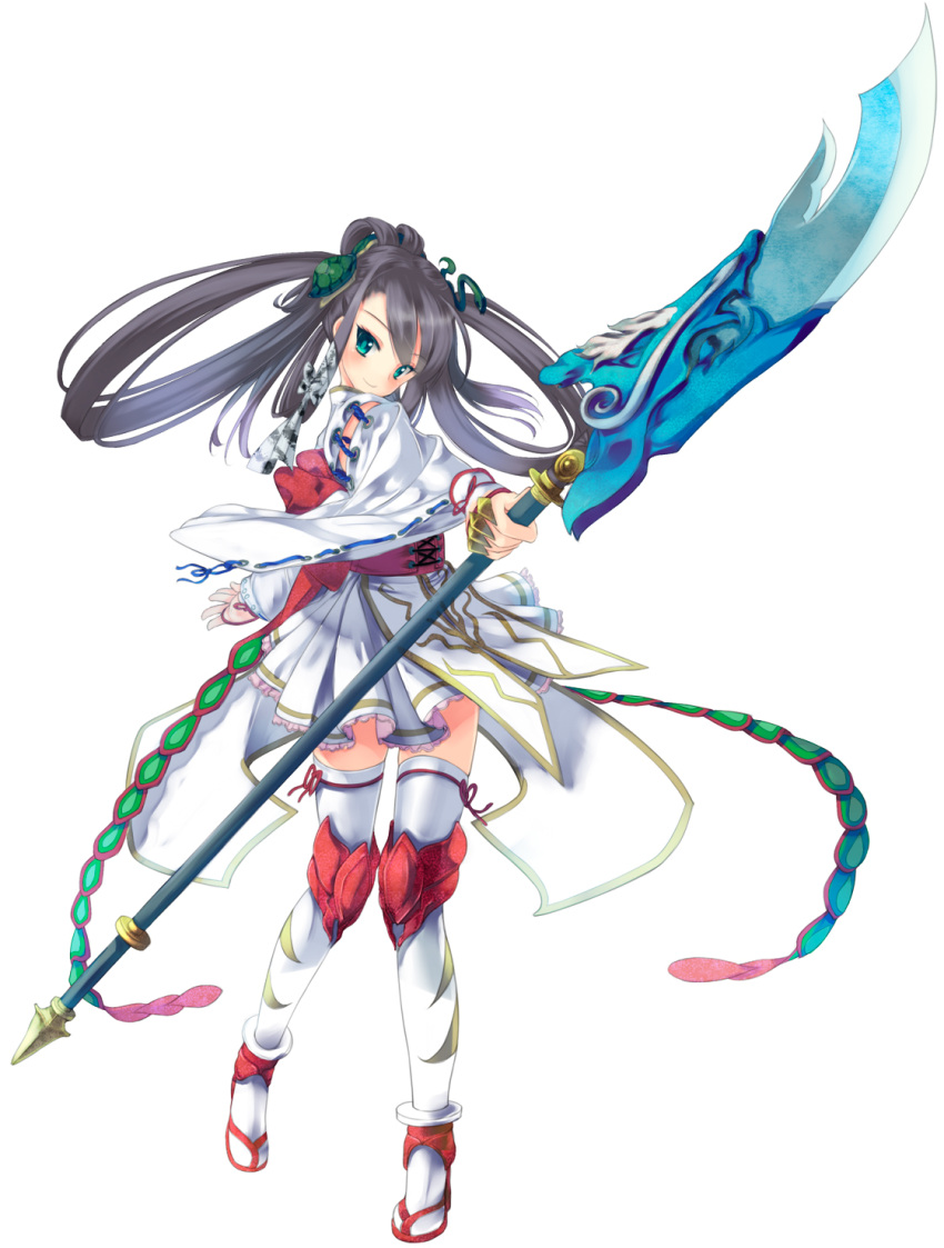 black_hair, green_eyes, hair_rings, haru_(arser_doil), highres, long_hair, looking_at_viewer, original, polearm, simple_background, smile, solo, thigh-highs, thighhighs, twintails, very_long_hair, weapon, wide_sleeves, zettai_ryouiki
