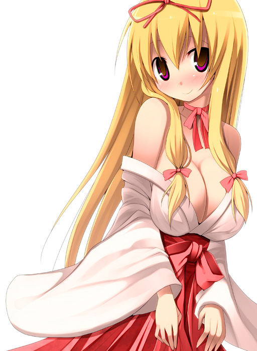 alternate_costume, bare_shoulders, blonde_hair, bow, breasts, choker, cleavage, huge_breasts