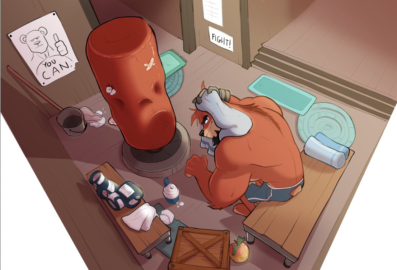 1boy, beard, bench, biceps, bucket, closed_mouth, crash_bandicoot_(series), crunch_bandicoot