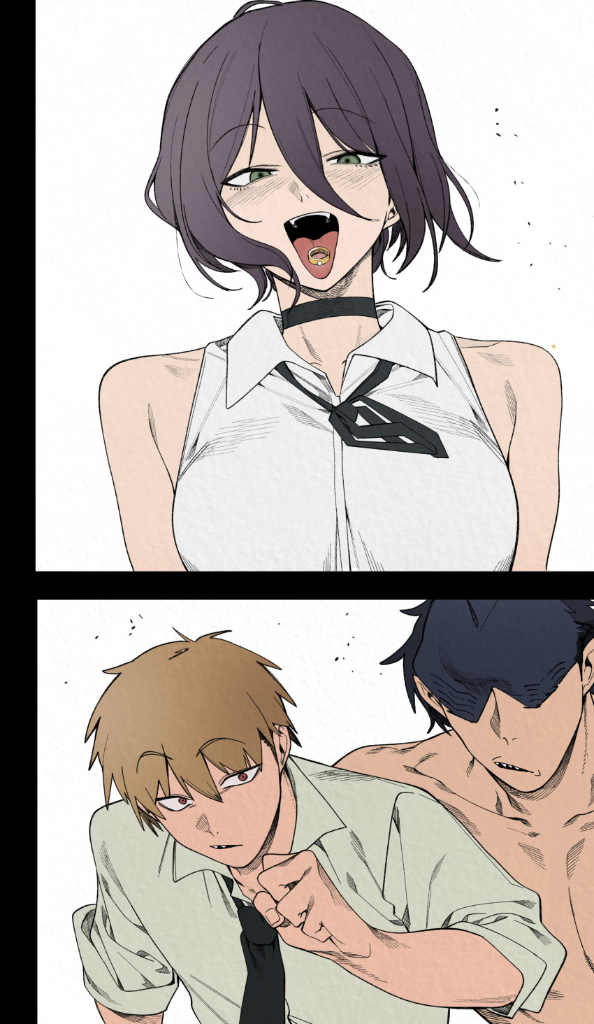 1girl, 2boys, absurdres, beam_(chainsaw_man), black_choker, black_hair, breasts, chainsaw_man, choker, denji_(chainsaw_man), green_eyes, highres, multiple_boys, object_on_tongue, reze_(chainsaw_man), shirt, sleeveless, sleeveless_shirt, tongue, tongue_out, unworn_ring, urec, white_shirt
