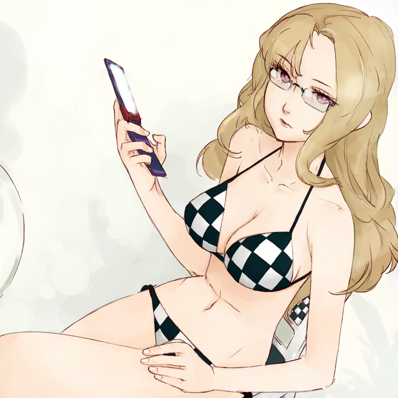 breasts, brown_eyes, brown_hair, cellphone, checkered, cleavage, crossed_legs, glasses
