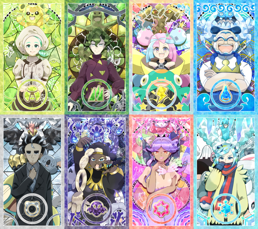 4boys, 4girls, absurdres, adjusting_clothes, adjusting_necktie, altaria, aqua_eyes, aqua_hair