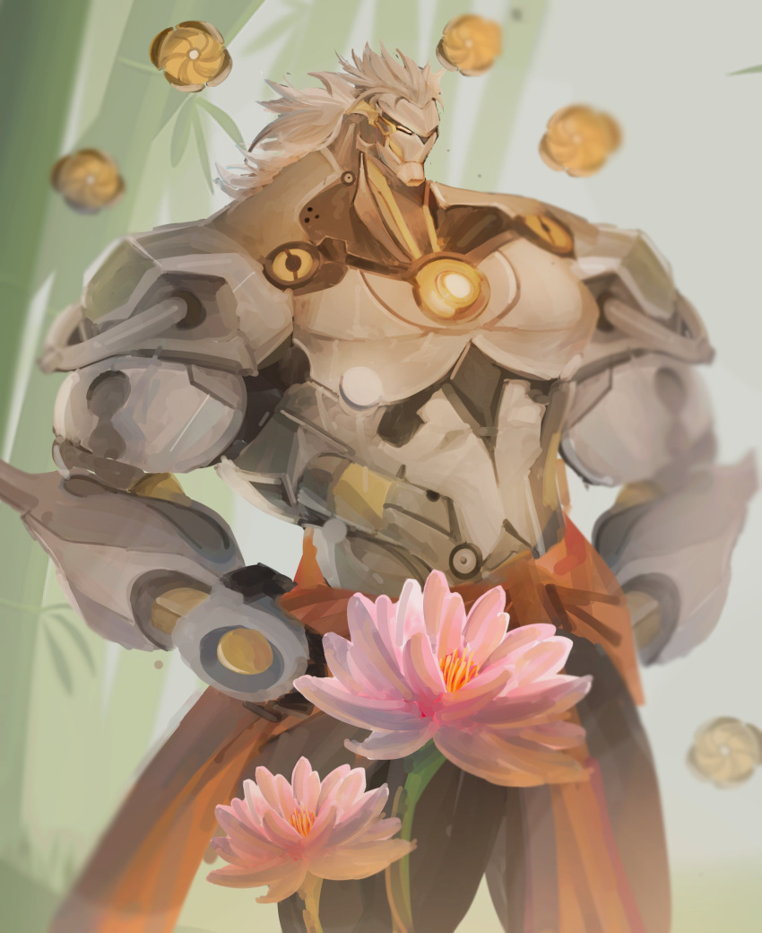 1boy, absurdres, bamboo, banyue_(zenless_zone_zero), clothes_around_waist, english_commentary, flower, grey_hair