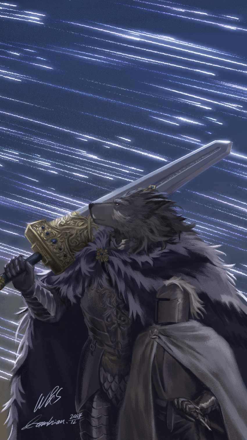 1boy, 1other, animal_ears, armor, black_fur, blaidd_the_half-wolf, blue_cape, cambrian42