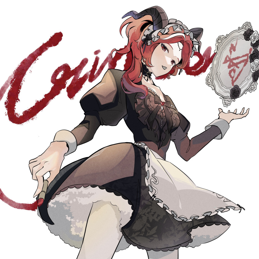 1girl, aon_stone, apron, black_bow, black_choker, black_dress, black_horns, black_ribbon, bow, choker, collarbone, cosmetics, dress, fiona_gilman, fiona_gilman_("crimson"), frilled_apron, frilled_choker, frilled_dress, frilled_hairband, frills, goat_horns, hairband, highres, holding, holding_lipstick_tube, horns, identity_v, lipstick_tube, looking_at_viewer, pantyhose, puffy_sleeves, red_eyes, red_hair, ribbon, side_ponytail, sleeve_cuffs, white_apron, white_pantyhose, white_streaks