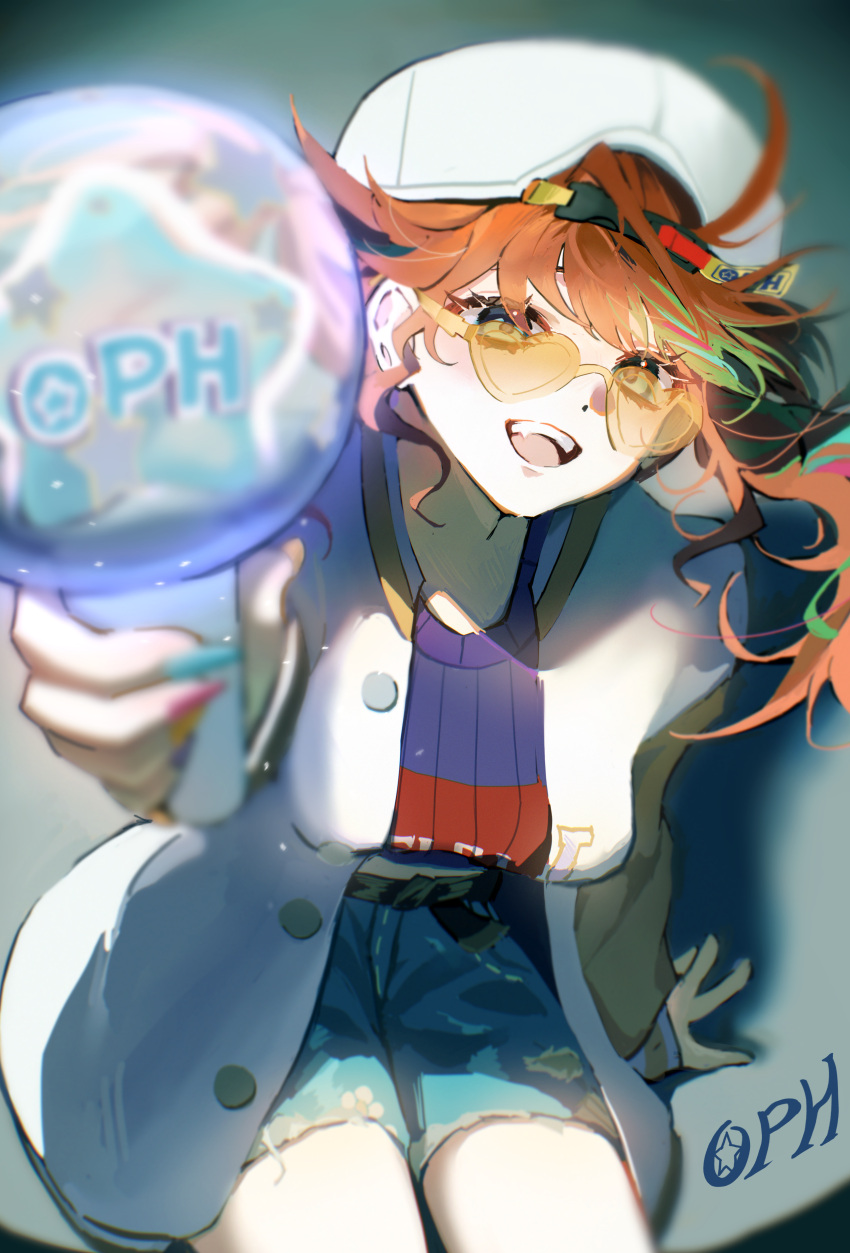 1girl, :d, absurdres, backwards_hat, blue_eyes, blue_sweater, denim, denim_shorts, fang, hat, heart, heart-shaped_eyewear, highres, identity_v, jacket, lily_barriere, lily_barriere_(oph.lily), looking_at_viewer, meugi, multicolored_hair, multicolored_jacket, multicolored_nails, orange_hair, shorts, smile, streaked_hair, sweater, tinted_eyewear, torn_clothes, torn_shorts, yellow-framed_eyewear, yellow-tinted_eyewear, yellow_jacket