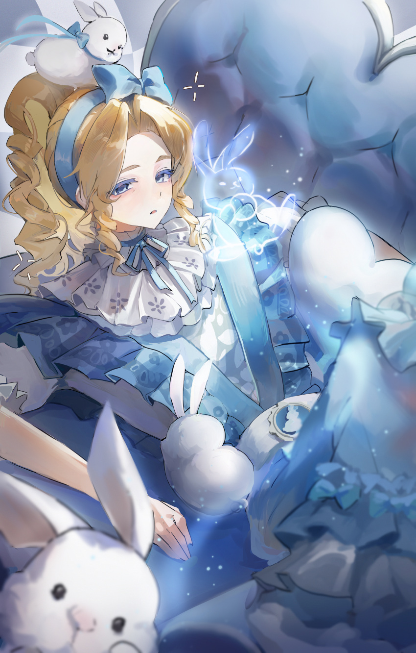 1girl, absurdres, alice_deross, alice_deross_(alice_in_dreamland), blonde_hair, blue_bow, blue_dress, blue_eyes
