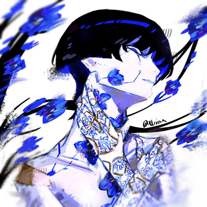 1boy, arm_tattoo, black_hair, blue_eyes, blue_hair, blunt_ends, collarbone, colored_inner_hair, ebony_x, genshin_impact, hand_on_own_neck, hand_on_own_shoulder, hand_tattoo, hands_up, highres, looking_at_viewer, male_focus, monochrome, multicolored_hair, parted_lips, sanpaku, scaramouche_(genshin_impact), shirt, solo, streaked_hair, tattoo, twitter_username, white_background, white_mouth