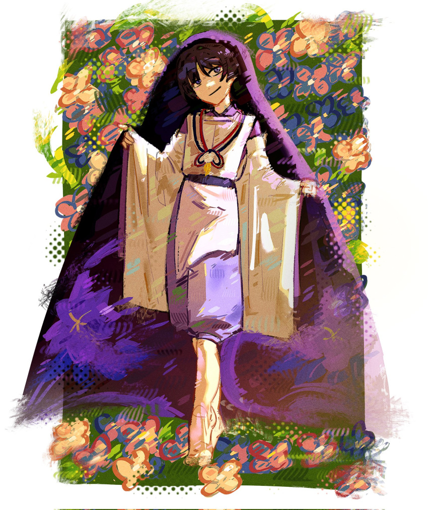 1boy, barefoot, black_hair, blunt_ends, border, closed_mouth, clothing_cutout, doll_joints