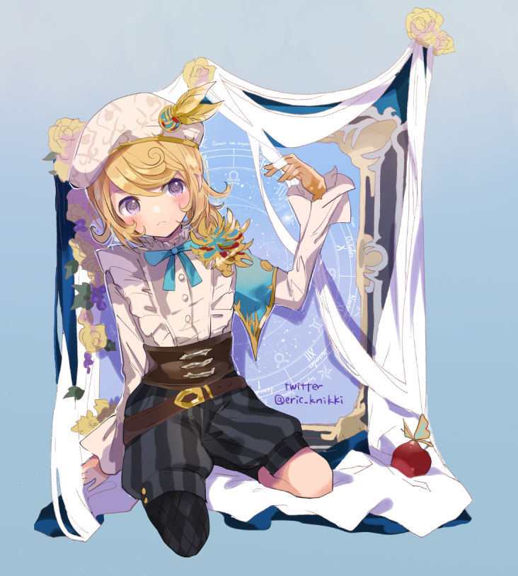 1boy, :c, androgynous, asymmetrical_legwear, belt, beret, black_shorts, blonde_hair