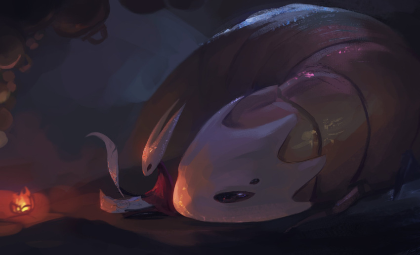 1girl, arthropod_girl, bell_beast_(hollow_knight), black_skin, cave, cloak, colored_skin, fire