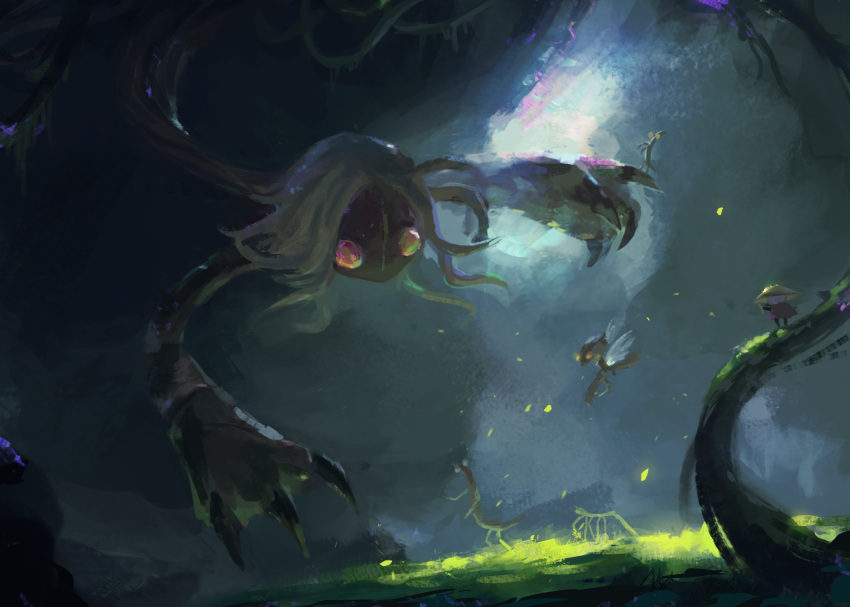 arthropod_girl, bug, claws, cloak, flying, from_behind, full_body, giant, grass, hat, highres, hollow_knight, hollow_knight:_silksong, looking_at_another, lucy_(somewhat_irked), medium_hair, nature, no_humans, plant, red_cloak, sherma_(hollow_knight), sister_splinter_(hollow_knight), splinter_(hollow_knight), splinterbark_(hollow_knight), splinterhorn_(hollow_knight), standing, vines, wings