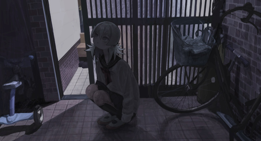 1girl, bags_under_eyes, bicycle, black_sailor_collar, black_skirt, black_socks, bow, bowtie