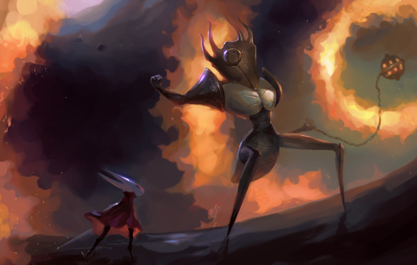 2girls, absurdres, armor, arthropod_girl, battle, black_skin, boss_fight, chain