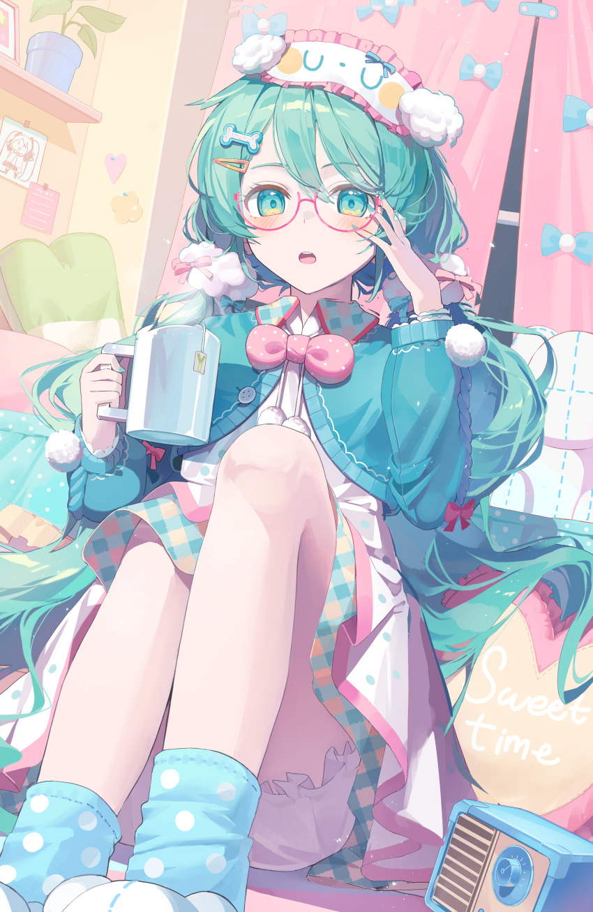 1girl, absurdres, adjusting_eyewear, aqua_eyes, aqua_hair, aqua_sweater, blue_socks, blush