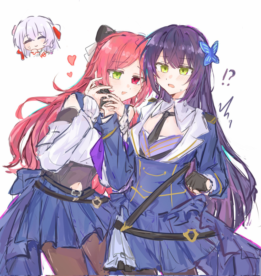 !?, 3girls, ^^^, ^_^, anger_vein, assault_lily, black_gloves, black_necktie, black_pantyhose, black_shirt, blue_jacket, blue_sailor_collar, blue_skirt, brown_pantyhose, bukejie, butterfly_hair_ornament, chibi, chibi_inset, chinese_commentary, closed_eyes, closed_mouth, clothing_cutout, commentary_request, cowboy_shot, crop_top, detached_collar, detached_sleeves, epaulettes, false_smile, fingerless_gloves, flower, funada_kiito, funada_ui, gloves, green_eyes, grey_hair, hair_flower, hair_ornament, half_gloves, hand_on_another's_cheek, hand_on_another's_face, hand_on_another's_hand, heads_together, heart, heterochromia, highres, jacket, layered_sleeves, long_hair, long_sleeves, looking_at_another, miniskirt, multiple_girls, navel, navel_cutout, neckerchief, necktie, odaiba_girls_high_school_uniform, pantyhose, parted_bangs, parted_lips, pink_flower, pointy_hair, purple_hair, purple_neckerchief, raised_eyebrows, red_eyes, red_hair, red_ribbon, ribbon, sailor_collar, school_uniform, serafuku, shiba_tomoshibi, shirt, siblings, sisters, skirt, sleeveless, sleeveless_shirt, smile, standing, sweatdrop, undershirt, very_long_hair, waist_cape, white_ribbon, yuri