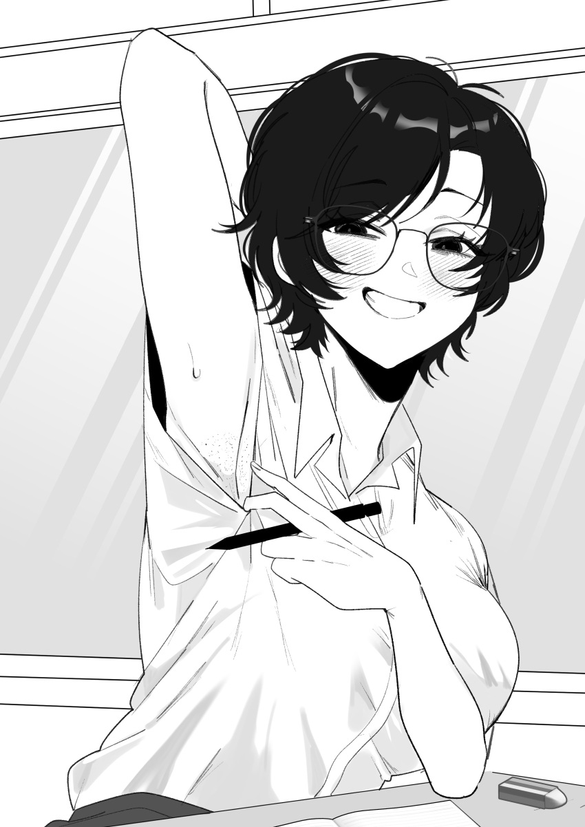 1girl, absurdres, arm_up, armpit_focus, armpit_stubble, armpits, blush, breasts, chiharunosekai1, collared_shirt, desk, dress_shirt, eraser, glasses, highres, leaning, leaning_on_table, looking_at_viewer, medium_breasts, monochrome, notebook, notice_lines, original, pen, presenting_armpit, school_desk, shirt, short_hair, short_sleeves, smile, solo