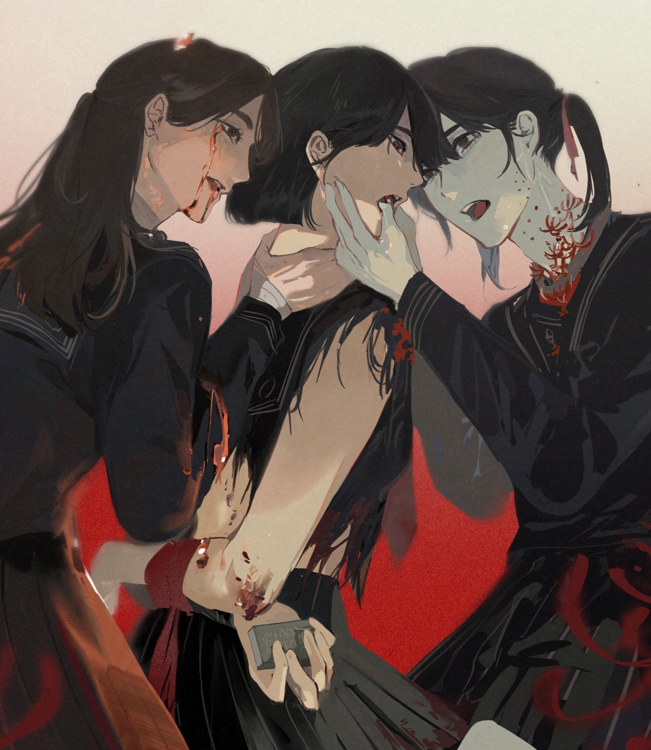 22_(22mimi2434), 3girls, arms_behind_back, black_eyes, black_hair, black_sailor_collar, blood, blood_from_eyes