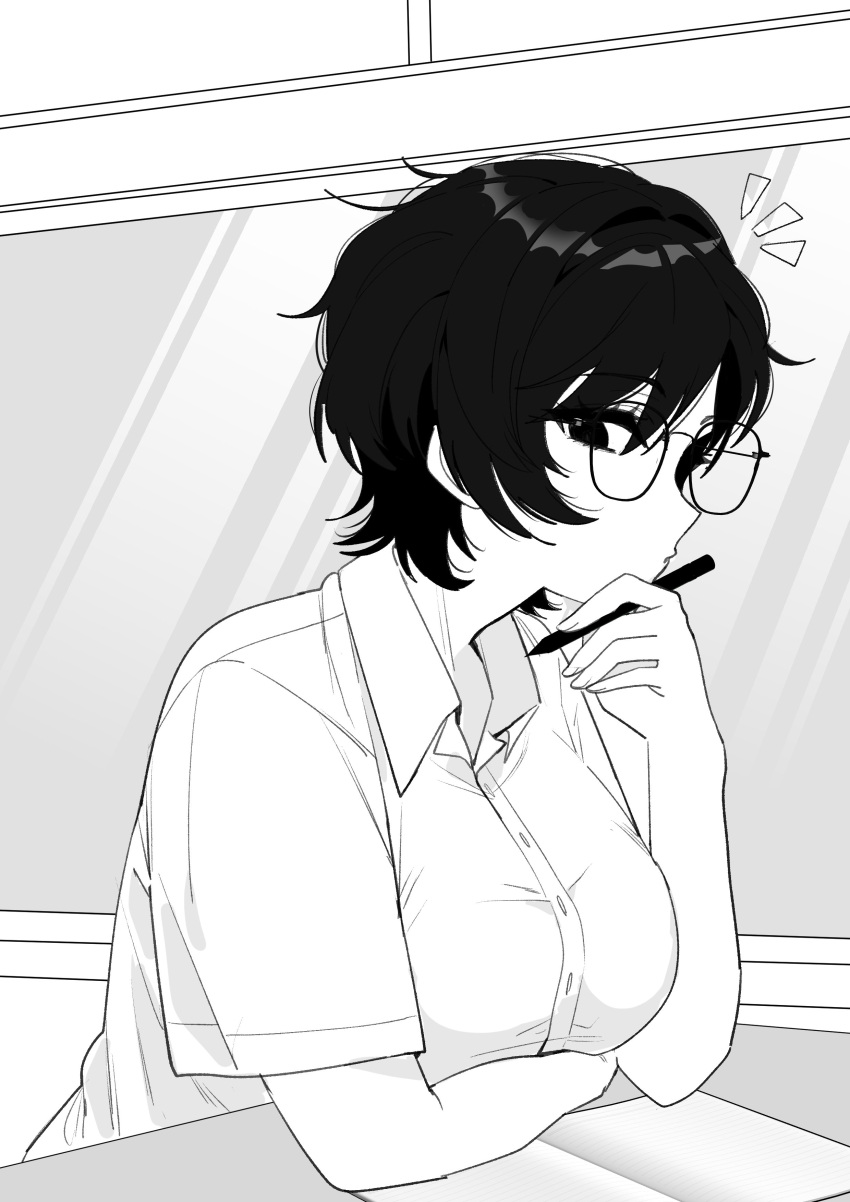 1girl, absurdres, breasts, chiharunosekai1, collared_shirt, desk, dress_shirt, glasses, highres, leaning, leaning_on_self, leaning_on_table, looking_at_viewer, medium_breasts, monochrome, notebook, notice_lines, original, pen, school_desk, shirt, short_hair, short_sleeves, solo