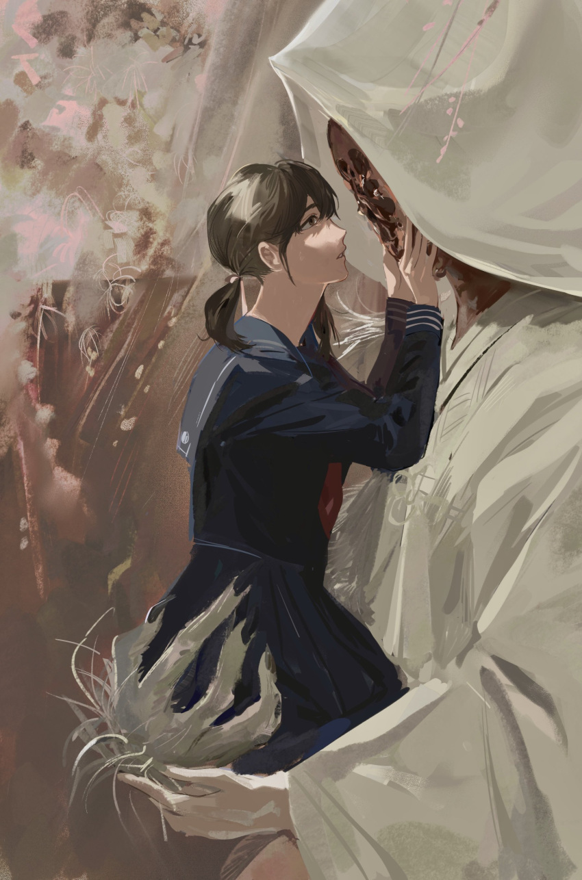 22_(22mimi2434), absurdres, black_hair, blue_sailor_collar, blue_shirt, blue_skirt, carrying, carrying_person