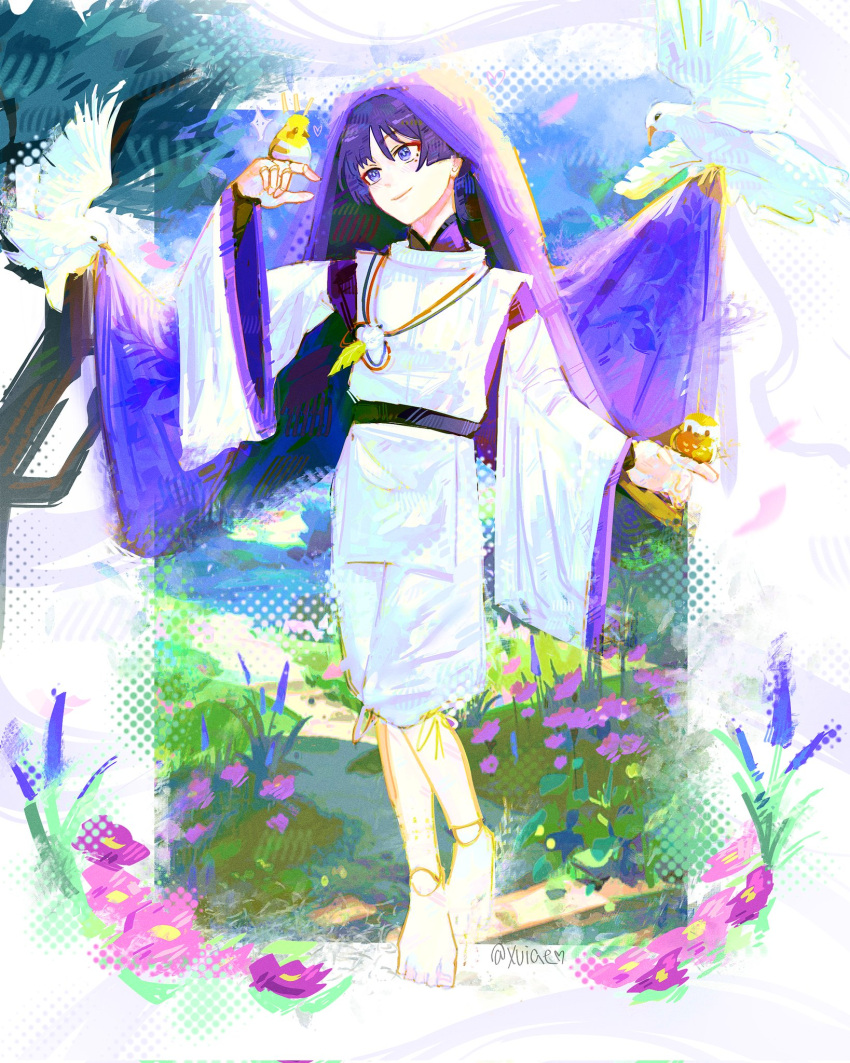 1boy, arm_at_side, armor, barefoot, bird, bird_on_hand, black_sash, blunt_ends