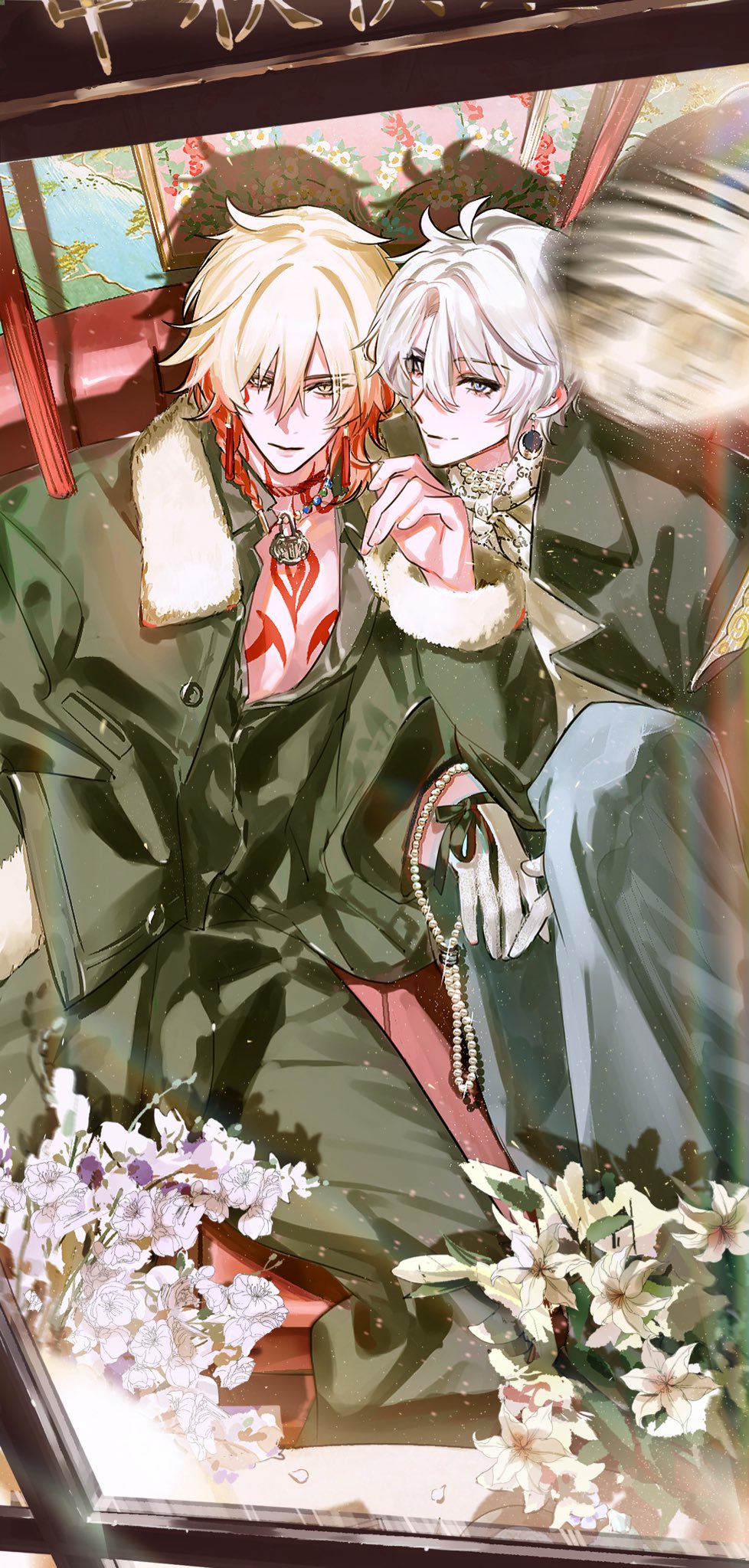 2boys, antenna_hair, black_jacket, black_pants, black_shirt, blonde_hair, blue_eyes, braid