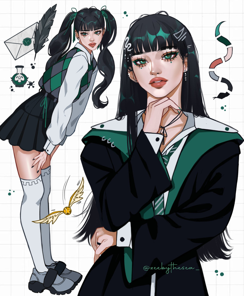 1girl, aegyo_sal, asian, black_cloak, black_hair, black_nails, black_skirt, choppy_bangs