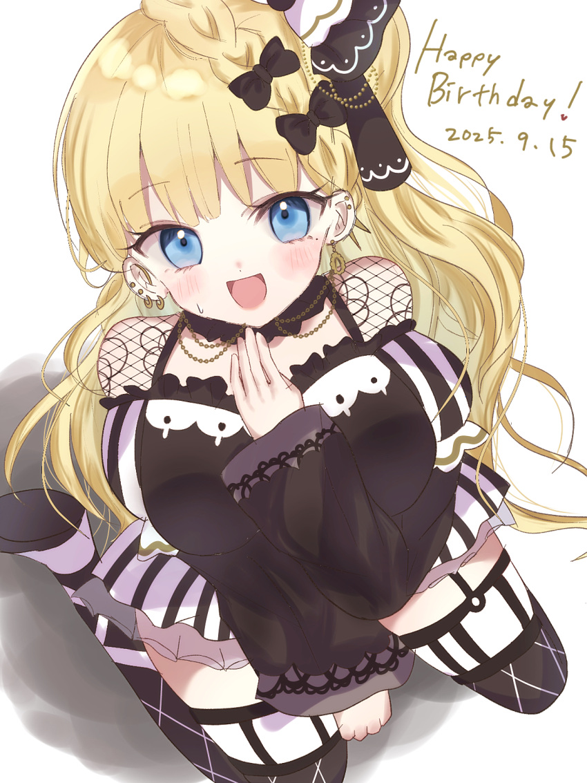 1girl, 3656_chan, black_dress, blonde_hair, blue_eyes, dress, ear_piercing, earrings