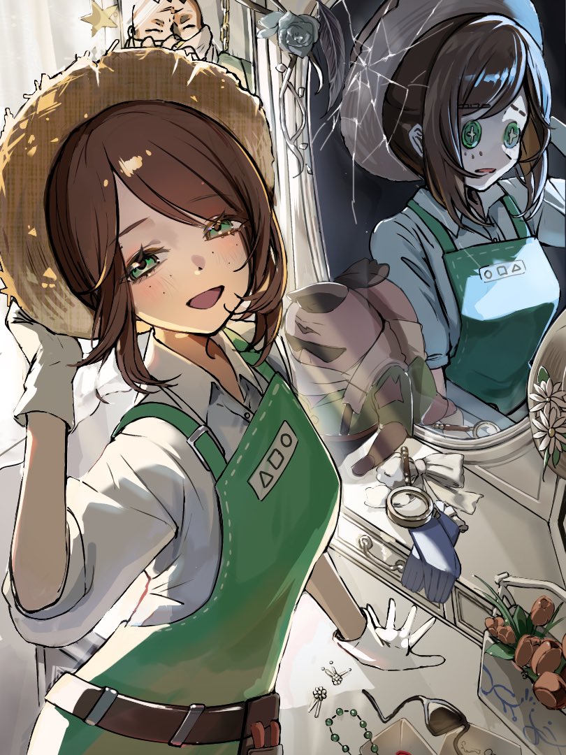 1boy, 1girl, :d, apron, blue_gloves, blush, broken_mirror, brown_hair